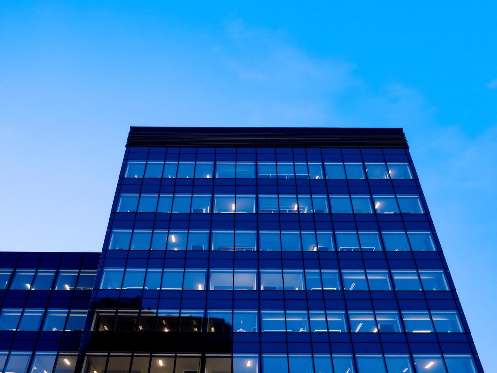 Modern corporate office at dusk